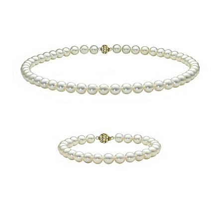 Perle Rare - Set Perle Akoya Japoneze 5,5–6 mm – Colier și Brățară cu Închizători Sferice, Aur Galben 14K | KASKADDA®