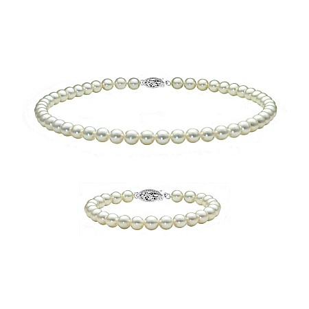 Perle Rare - Set Perle Akoya Japoneze 5,5–6 mm – Colier și Brățară cu Închizători Filigranate, Aur Alb 14K | KASKADDA®