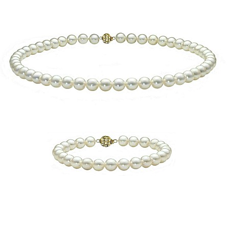 Seturi Perle cu Aur - Set Perle AAA – Colier și Brățară cu Aur Galben 14K, Perle Naturale Akoya Japoneze, 7,5-8 mm| KASKADDA®