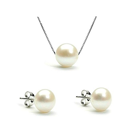 Seturi Perle cu Argint - Set Perle – Colier și Cercei din Argint Rodiat cu Perle Albe Premium 8 mm | KASKADDA®