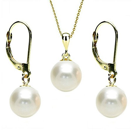 Bijuterii Mireasa - Set Perle – Colier cu Pandantiv și Cercei, Aur 14K, Perle Naturale Albe 8 mm | KASKADDA®