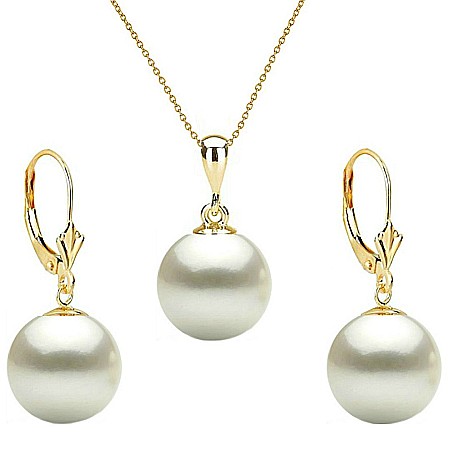 Cadouri pentru Mama - Set Perle – Colier cu Pandantiv și Cercei, Aur Galben 14K, Perle Albe Premium 10 mm | KASKADDA®