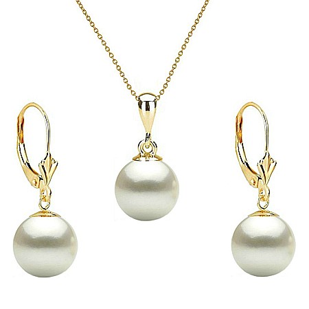 Seturi Colier si Cercei Perle - Set Perle – Colier cu Pandantiv și Cercei, Aur Galben 14K, Perle Albe Premium 8 mm | KASKADDA®