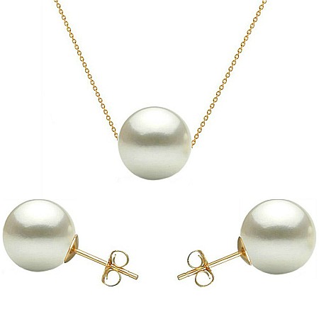 Colectia Exclussive Pearls - Set Perle – Colier și Cercei Tip Șurub, Aur Galben 14K, Perle Albe Premium 8 mm | KASKADDA®