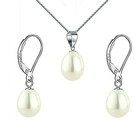 Seturi Perle cu Argint - Set Perle Albe Lacrimă – Colier și Cercei, Argint Rodiat 925, Perle Naturale 5/8 mm | KASKADDA®