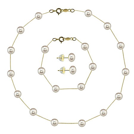 Cadouri de Aniversare a Căsătoriei - Set Perle Office– Colier, Brățară și Cercei cu Perle Naturale Albe 4–5 mm, Aur Galben 14K (aur 585) – KASKADDA®