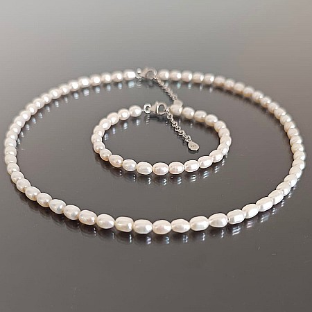 Best Sellers - Set Perle – Colier și Brățară cu Perle Naturale Ovale Albe 4/6 mm, Argint 925 | KASKADDA®