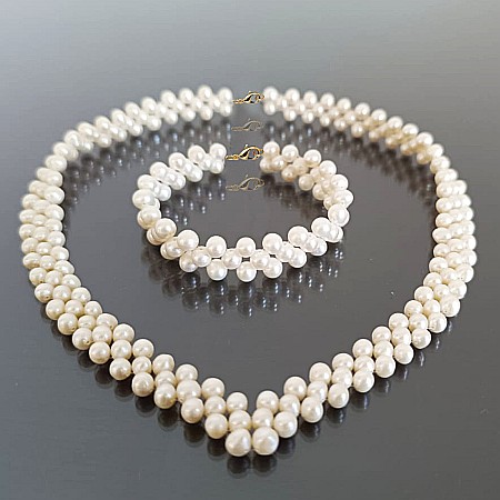 Cadouri de Aniversare a Căsătoriei - Set Perle Delicate Beauty, AA+ – Colier și Brățară cu Aur 14K, Perle Naturale Albe 5-6 mm| KASKADDA®