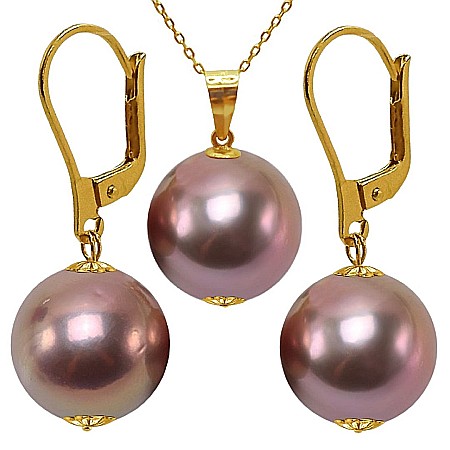 Perle Edison - Set Perle Edison Lavanda AAA Rare – Colier și Cercei Aur Galben 14K, Perle Naturale 12,5–13 mm| KASKADDA®