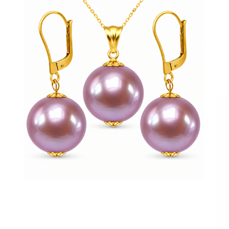 Seturi Perle cu Aur - Set Perle Edison Lavanda AAA - Colier și Cercei Aur Galben 14K, Perle Naturale 11,5-12 mm| KASKADDA®