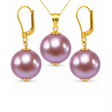 Seturi Perle cu Aur - Set Perle Edison Lavanda AAA Rare - Colier și Cercei Aur Galben 14K, Perle Naturale 12,5-13 mm| KASKADDA®