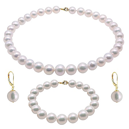 Cadouri pentru Mama - Set Perle Mari – Colier, Brățară și Cercei Business, Aur Galben 14K, Perle Albe Premium 8,5–9,5 mm | KASKADDA®