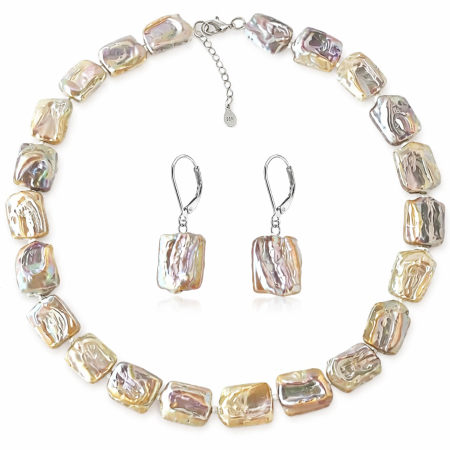 Seturi Perle cu Argint - Set Perle Naturale Baroque Multicolore, Colier și Cercei , Argint 925 | KASKADDA®