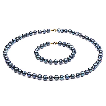 Cadouri de Aniversare a Căsătoriei - Set Perle – Colier și Brățară cu Perle Naturale Negre 7–8 mm, Închizători Aur Galben 14K | KASKADDA®