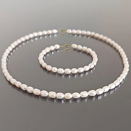 Colectia Exclussive Pearls - Set Perle AA+ Ovale – Colier și Brățară cu Aur 14K și Perle Naturale Albe 4/6 mm| KASKADDA®