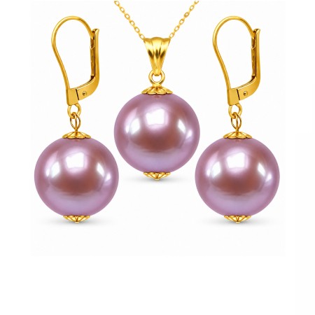 Seturi Perle cu Aur - Set Perle Rare Edison, Lavanda, AAA - Colier și Cercei Aur Galben 14K, Perle Naturale 12-12,5 mm| KASKADDA®