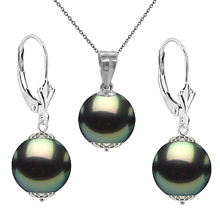 Perle Rare - Set Perle Tahitiene – Colier cu Pandantiv și Cercei, Aur Alb 14K, Perle Rotunde 8-9 mm, Calitate AAA | KASKADDA®