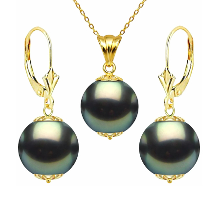 Seturi Perle cu Aur - Set PerleNegre Tahitiene - Colier cu Pandantiv și Cercei, Aur Galben 14K, Perle Naturale 8-9 mm, Calitate AAA | KASKADDA®