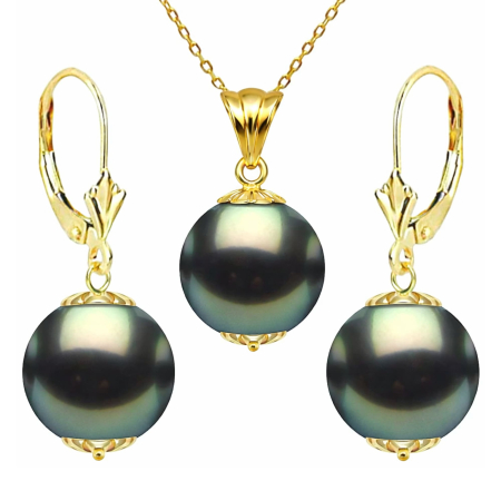 Seturi Perle cu Aur - Set Perle Tahitiene Negre - Colier cu Pandantiv și Cercei, Aur Galben 14K, Perle Rotunde 10-11 mm, Calitate AAA | KASKADDA®