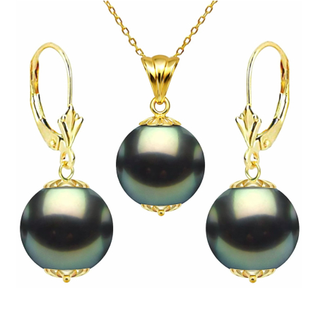 Seturi Perle cu Aur - Set Perle Negre Tahitiene - Colier cu Pandantiv și Cercei, Aur Galben 14K, Perle Rotunde 9-10 mm, Calitate AAA | KASKADDA®