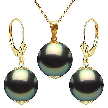 Perle Rare - Set Perle Tahitiene – Colier cu Pandantiv și Cercei, Aur Galben 14K, Perle Rotunde 10-11 mm, Calitate AAA | KASKADDA®