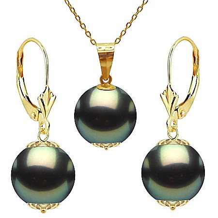 Perle Rare - Set Perle Tahitiene – Colier cu Pandantiv și Cercei, Aur Galben 14K, Perle Naturale 8-9 mm, Calitate AAA | KASKADDA®