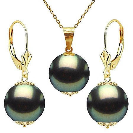 Perle Rare - Set Perle Tahitiene – Colier cu Pandantiv și Cercei, Aur Galben 14K, Perle Rotunde 9-10 mm, Calitate AAA | KASKADDA®