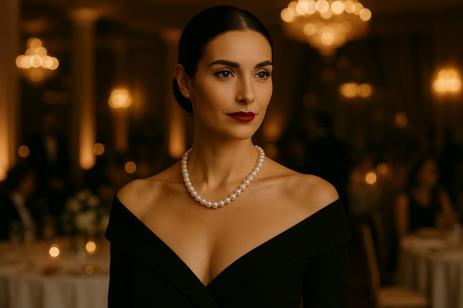 Colier Perle, Rochie Neagra, Context Eveniment, Kaskadda