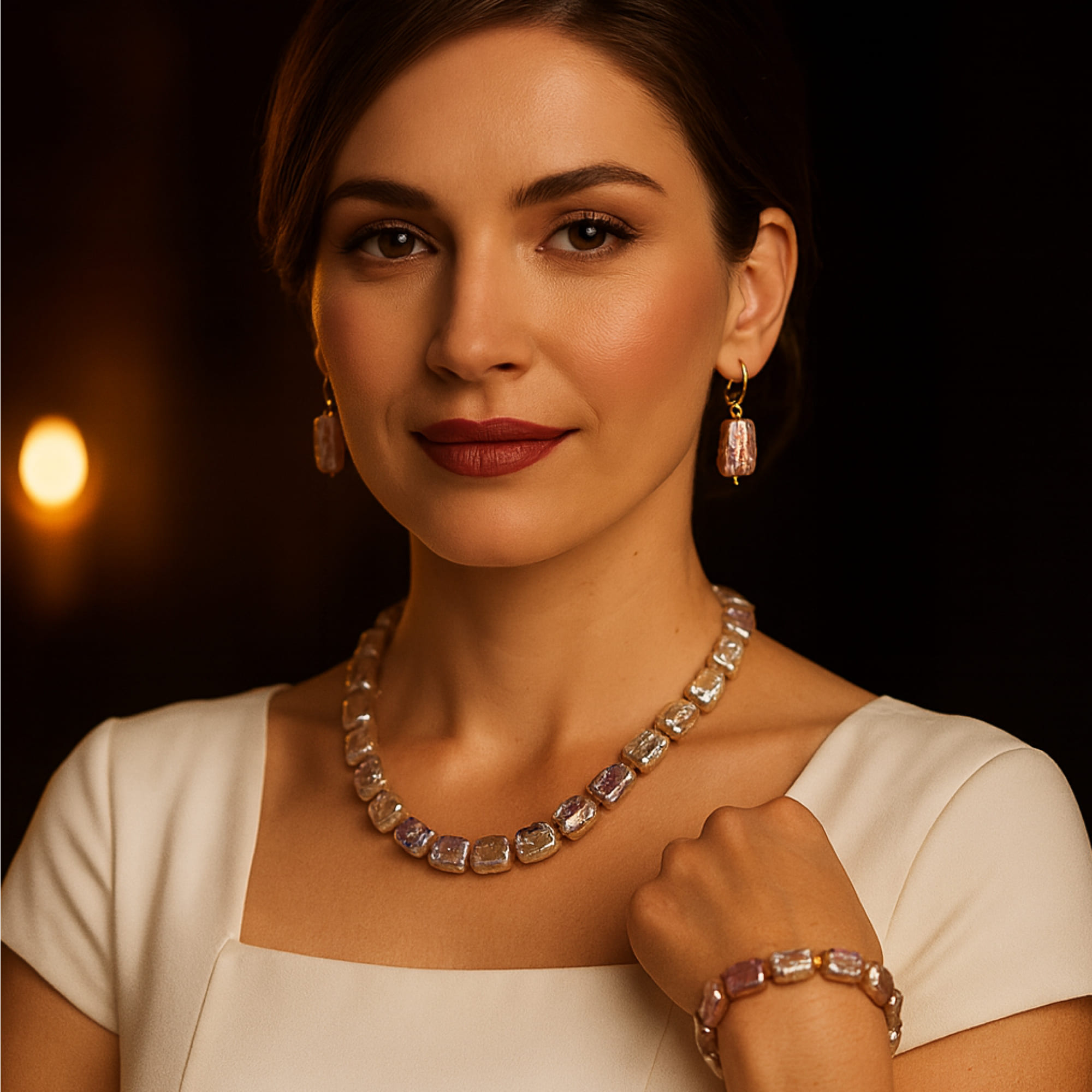 Set Colier, Brățară și Cercei cu Perle Baroque Multicolore, Naturale, Formă Neregulată, Aur Galben 14K, Ținută Albă, Context Elegant, Vedere Frontală