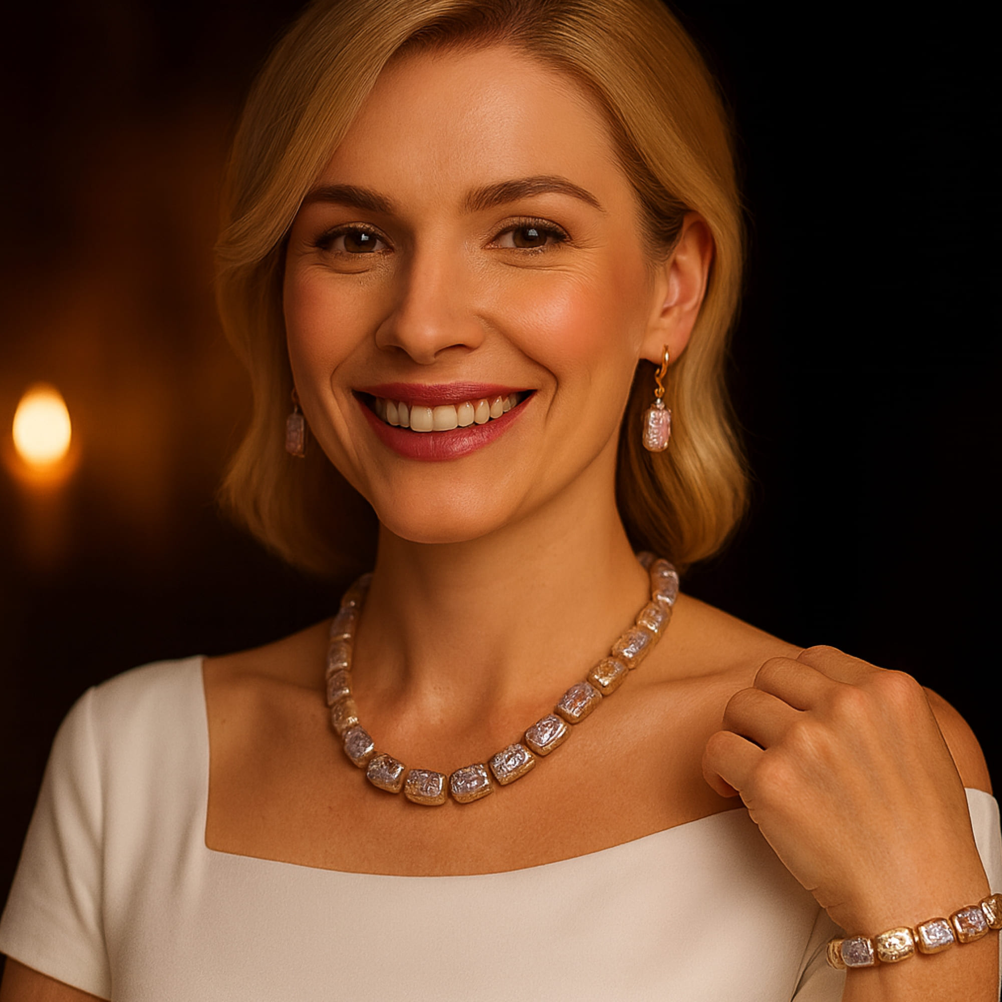 Set Colier, Brățară și Cercei cu Perle Baroque Multicolore, Naturale, Argint 925, Ținută Albă, Context Elegant, Vedere Frontală