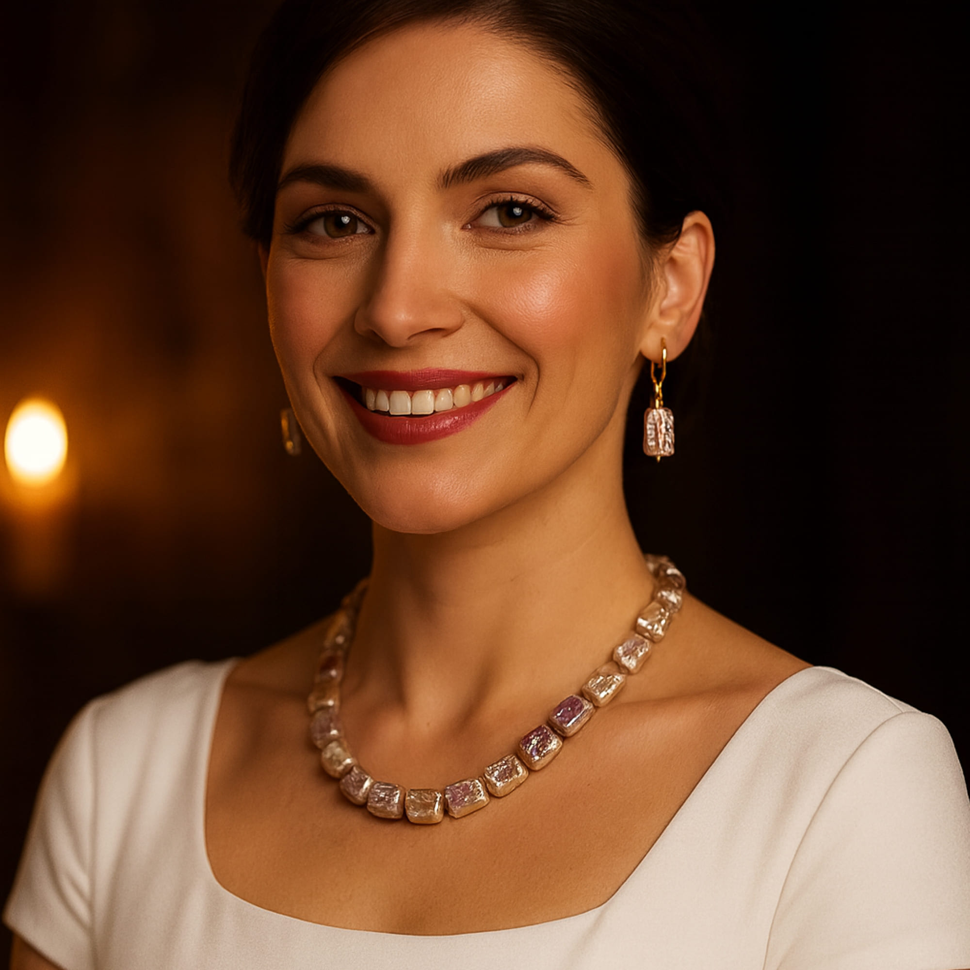 Set Colier și Cercei cu Perle Baroque Multicolore, Naturale, Aur Galben 14K, Ținută Albă, Context Elegant, Vedere Frontală