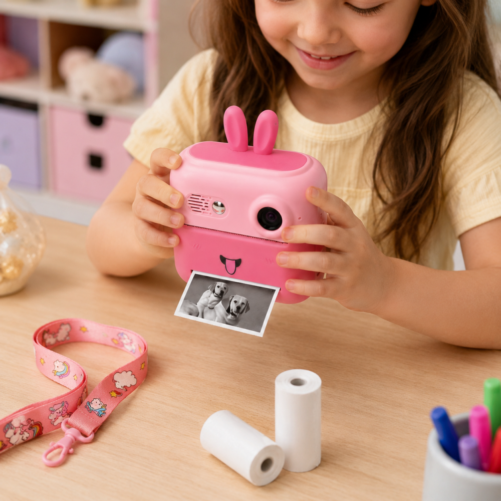 Aparat foto digital pentru copii cu imprimare instant, ecran IPS 2”, cameră foto-video, suport card TF 32 GB, BONUS: 2 role hârtie, cablu USB și șnur – Roz [3]