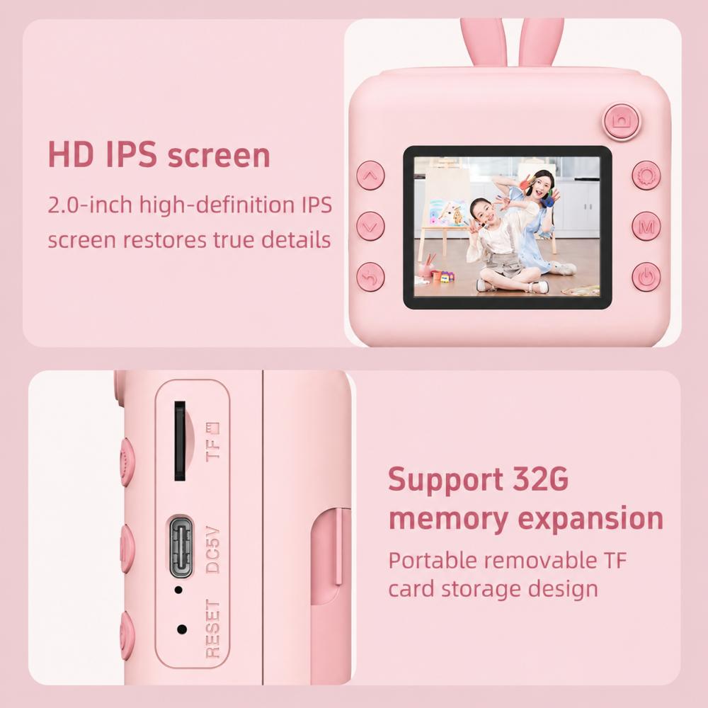 Aparat foto digital pentru copii cu imprimare instant, ecran IPS 2”, cameră foto-video, suport card TF 32 GB, BONUS: 2 role hârtie, cablu USB și șnur – Roz [5]