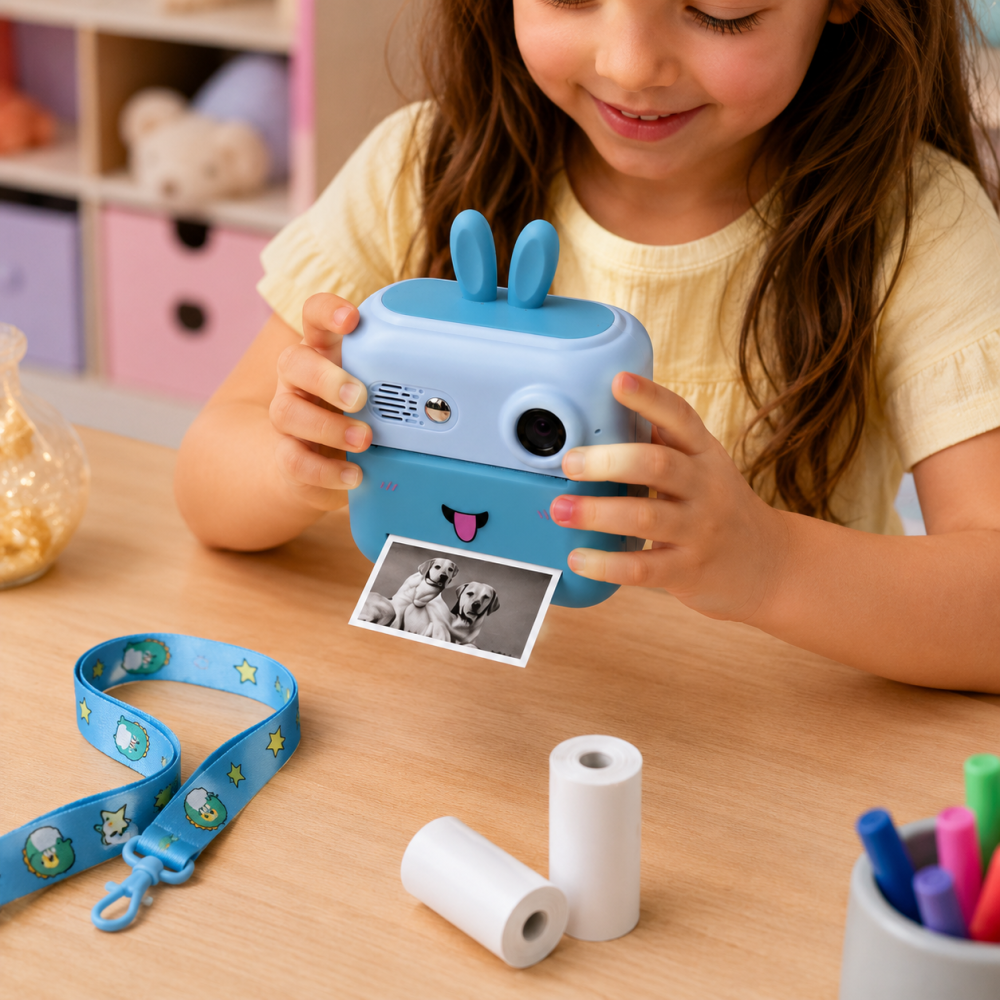 Aparat foto digital pentru copii cu imprimare instant, ecran IPS 2”, cameră foto-video, suport card TF 32 GB, BONUS: 2 role hârtie, cablu USB și șnur – Albastru [3]