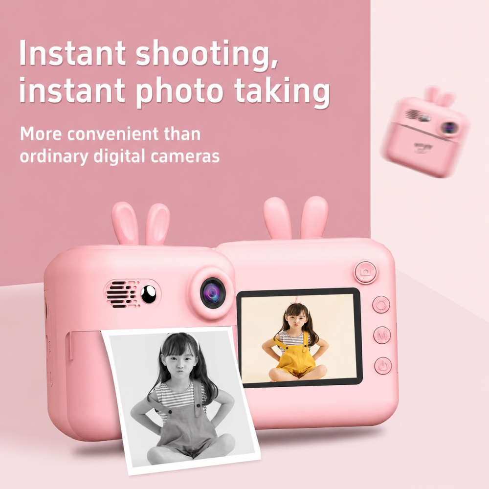 Aparat foto digital pentru copii cu imprimare instant, ecran IPS 2”, cameră foto-video, suport card TF 32 GB, BONUS: 2 role hârtie, cablu USB și șnur – Roz [7]