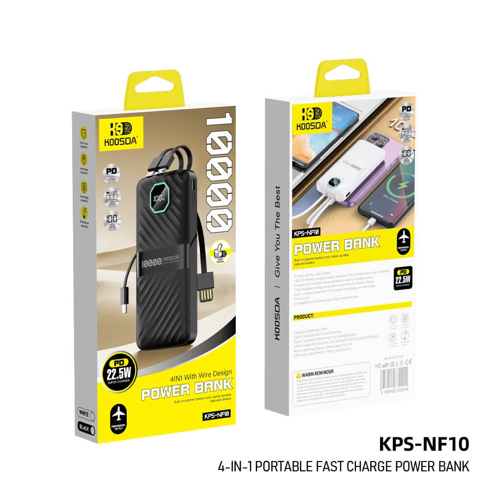 Baterie externă Power Bank KPS-NF10, 10.000 mAh, încărcare rapidă 22,5W, 4 cabluri integrate, display LED - Negru [4]