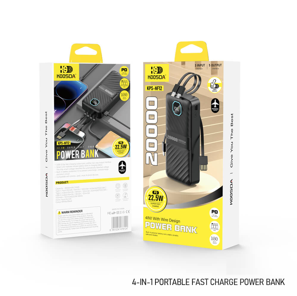 Baterie externă Power Bank KPS-NF12, 20.000 mAh, încărcare rapidă PD 22,5W, 4 cabluri integrate, display LED - Negru [3]