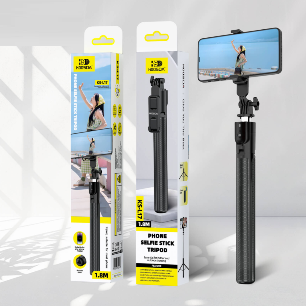 Selfie Stick Tripod, 1.8 m, suport telefon, Telecomandă Bluetooth, Trepied portabil - Negru [2]