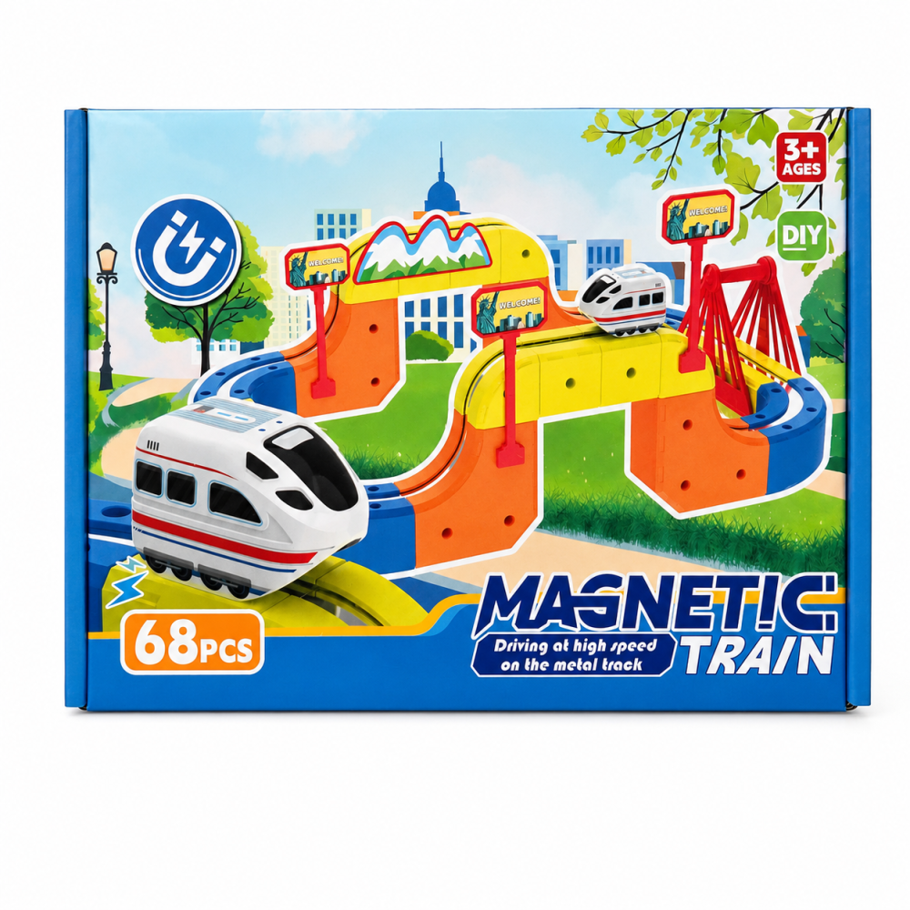 Tren magnetic-electric pentru copii, 68 piese, circuit DIY [4]