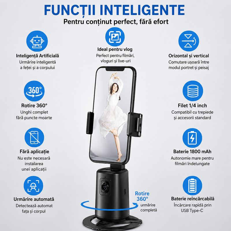 Stabilizator Inteligent cu Auto Face Tracking, Rotire 360°, Live Streaming si Videocall [4]
