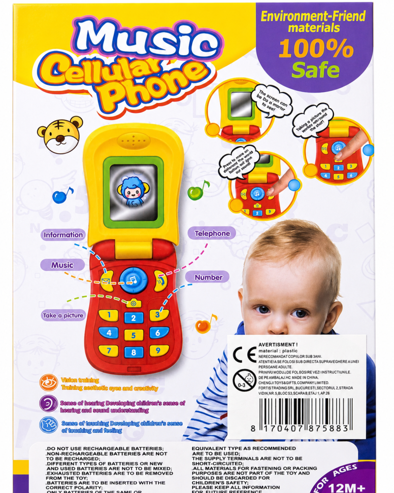 Telefon muzical de jucărie pentru bebeluși, cu clapetă, oglindă, sunete și butoane interactive, 12 luni+ [4]