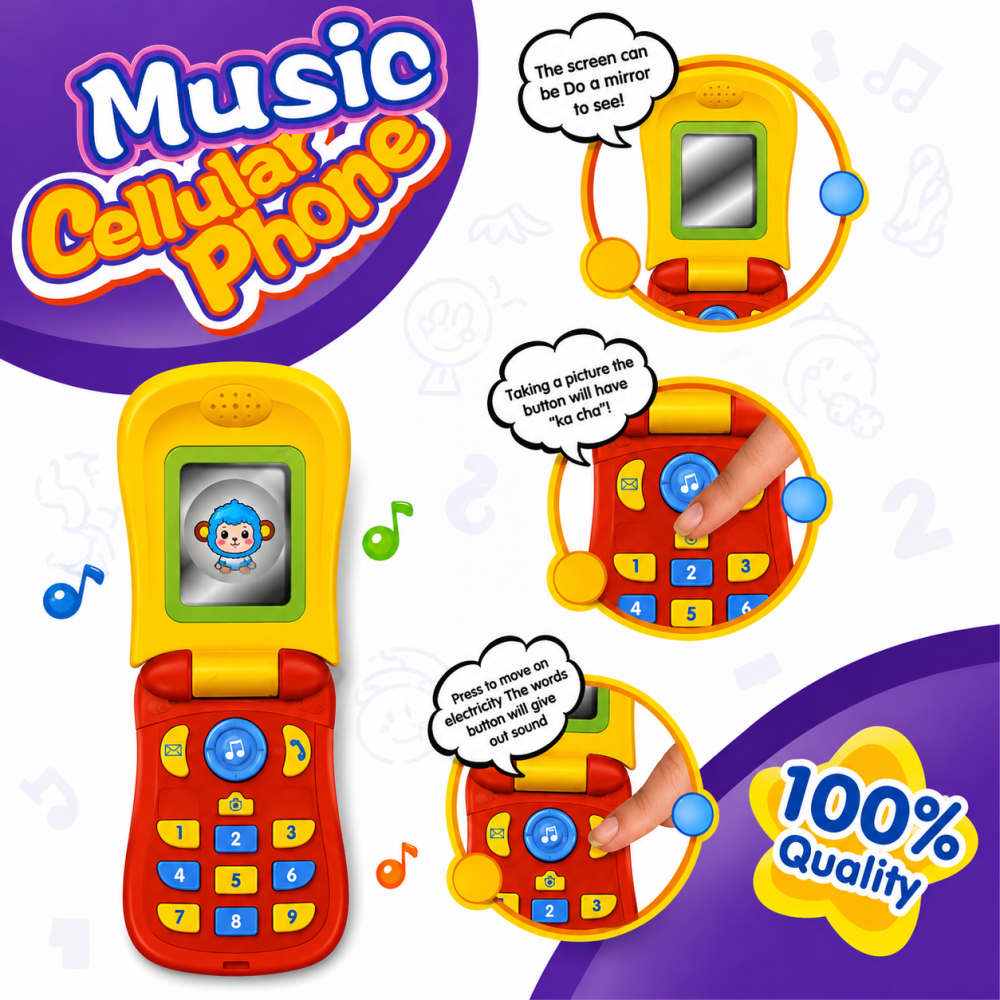 Telefon muzical de jucărie pentru bebeluși, cu clapetă, oglindă, sunete și butoane interactive, 12 luni+ [3]