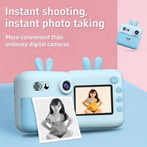 Aparat foto digital pentru copii cu imprimare instant, ecran IPS 2”, cameră foto-video, suport card TF 32 GB, BONUS: 2 role hârtie, cablu USB și șnur – Albastru [5]