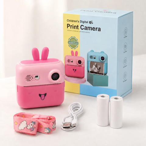 Gadgeturi - Aparat foto digital pentru copii cu imprimare instant, ecran IPS 2”, cameră foto-video, suport card TF 32 GB, BONUS: 2 role hârtie, cablu USB și șnur – Roz