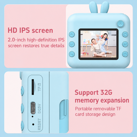 Aparat foto digital pentru copii cu imprimare instant, ecran IPS 2”, cameră foto-video, suport card TF 32 GB, BONUS: 2 role hârtie, cablu USB și șnur – Albastru [3]