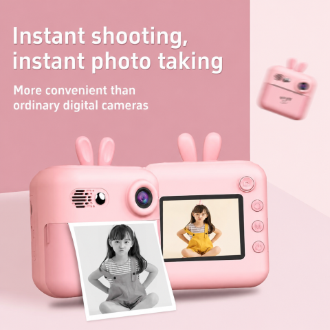Aparat foto digital pentru copii cu imprimare instant, ecran IPS 2”, cameră foto-video, suport card TF 32 GB, BONUS: 2 role hârtie, cablu USB și șnur – Roz [6]