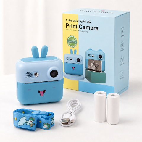 Gadgeturi - Aparat foto digital pentru copii cu imprimare instant, ecran IPS 2”, cameră foto-video, suport card TF 32 GB, BONUS: 2 role hârtie, cablu USB și șnur – Albastru