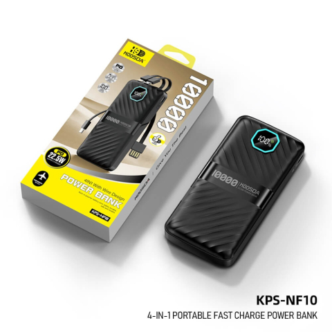 Baterie externă Power Bank KPS-NF10, 10.000 mAh, încărcare rapidă 22,5W, 4 cabluri integrate, display LED - Negru [1]