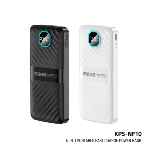 Accesorii Tech - Baterie externă Power Bank KPS-NF10, 10.000 mAh, încărcare rapidă 22,5W, 4 cabluri integrate, display LED - Negru