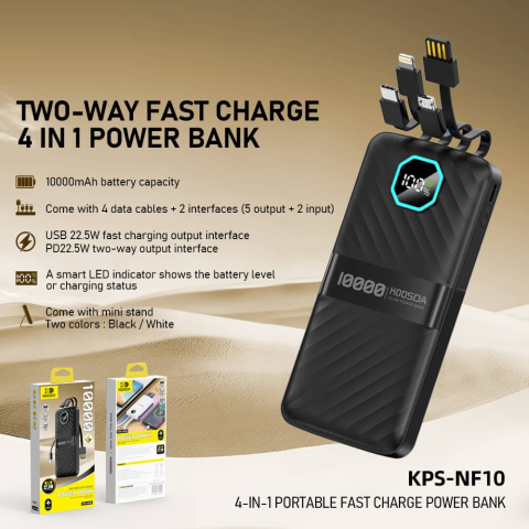 Baterie externă Power Bank KPS-NF10, 10.000 mAh, încărcare rapidă 22,5W, 4 cabluri integrate, display LED - Negru [2]